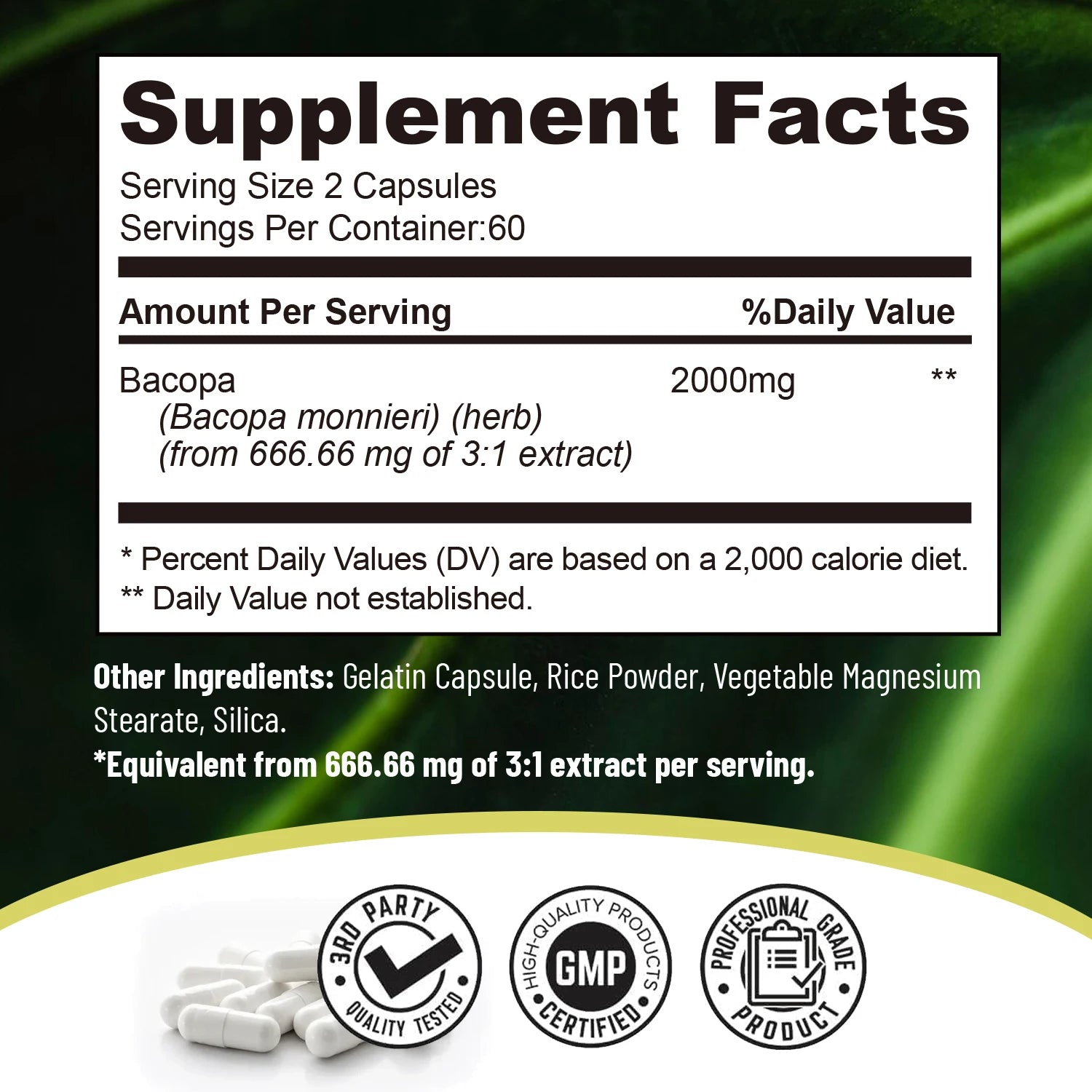 Bacopa Monnieri Extract - Boosts Brain Health Supports Performance Cognition and Focus Enhances Energy and Stamina