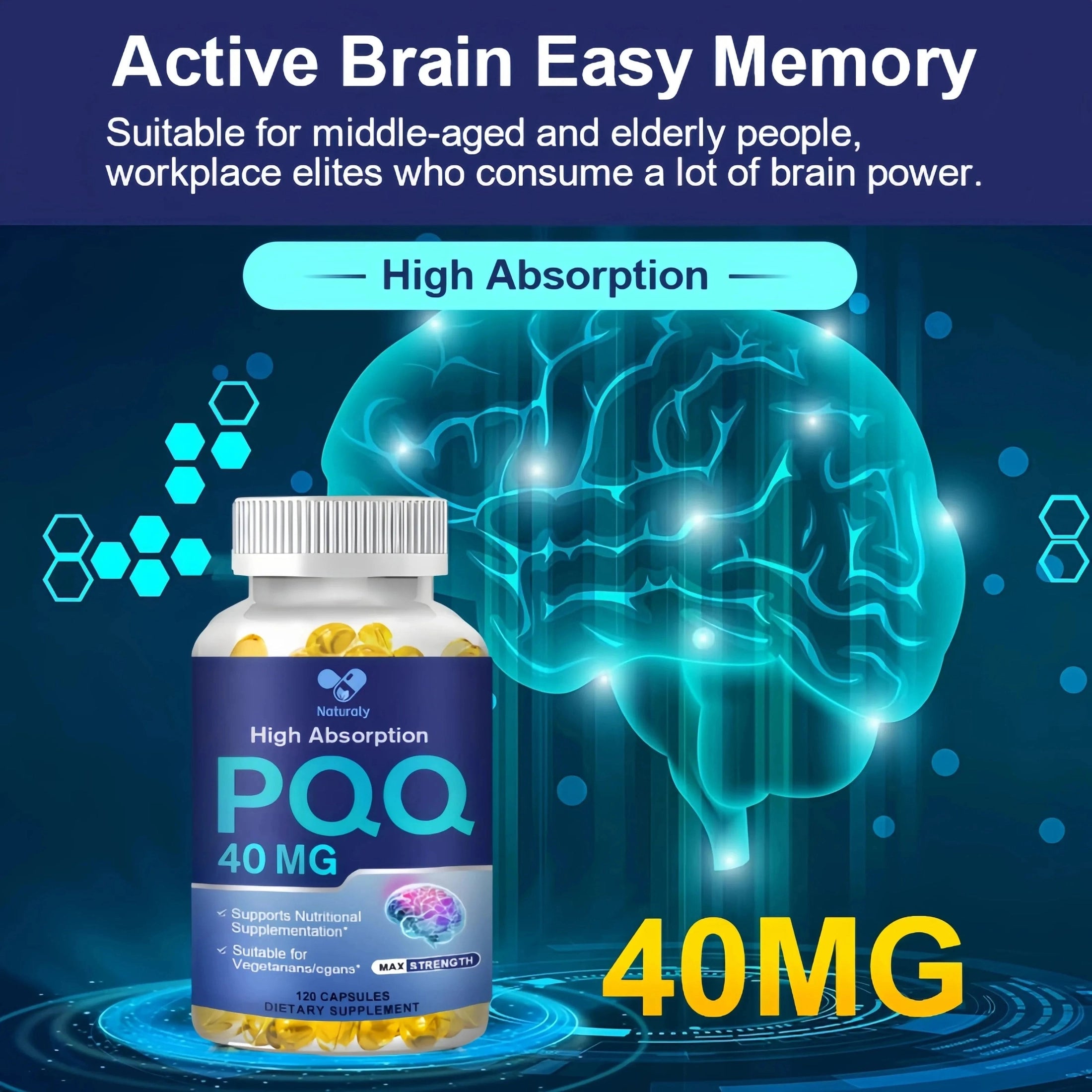 PQQ Capsules 40mg, Mitochondrial Support, Helps Energy Boost, Supports Heart Health, Cognitive Function