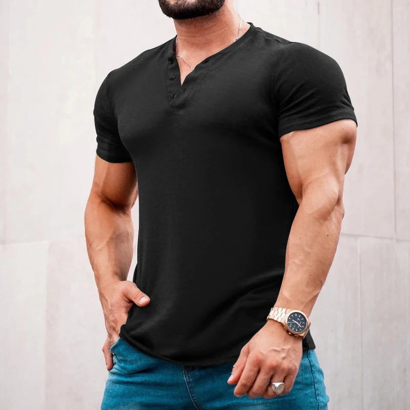 Leisure Solid Color Short-sleeved T Shirt Men Clothes Casual Buttoned V Neck Pullover Tops Spring Summer Mens Fashion T-shirts