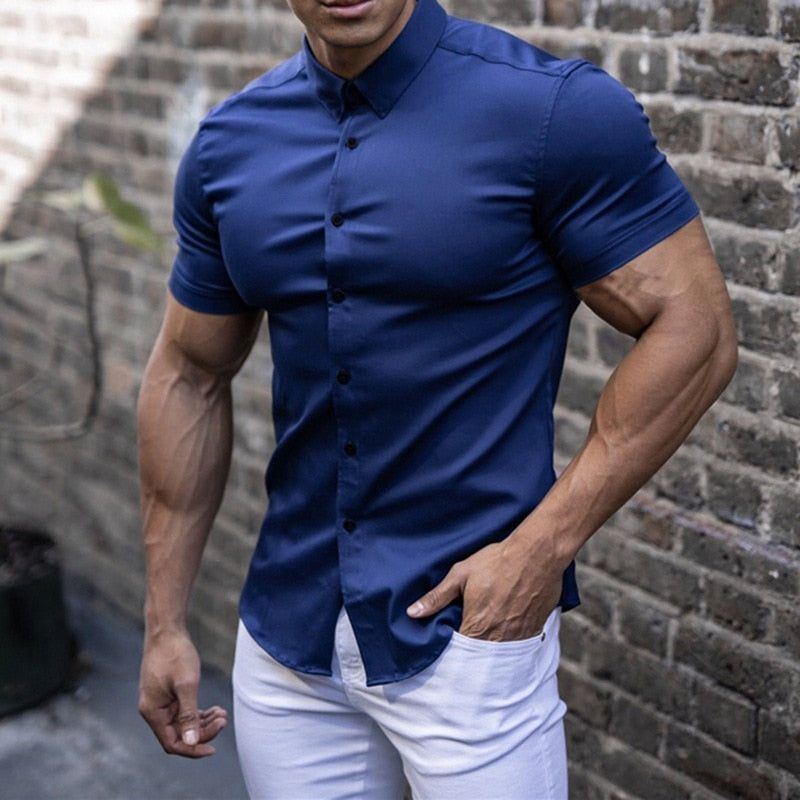 Summer Men Pure Color Comfortable Blouses Men Black Short-Sleeved Shirts Casual Sport Single Breasted Man Slim Fit Shirt top - Jointcorp