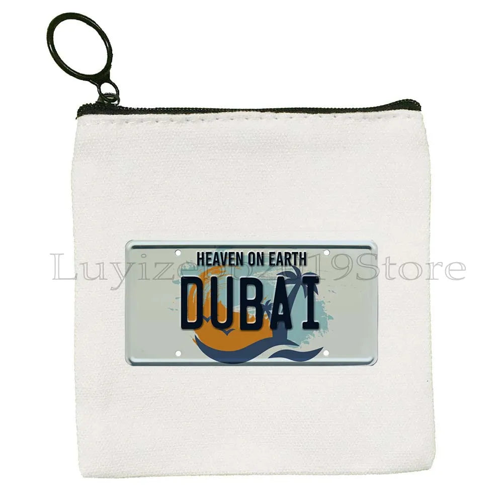 Dubai United Arab Emirates UAE Map Flag Asia Skyline Skyscraper Burj Khalifa Canvas Coin Purse Key Case Bag Wallet Zipper Pouch