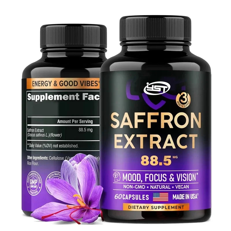 Natural Saffron Supplement Mood | Focus | Vision | Energy Support - Male and Female Eye Health - Non GMO -60 capsules,