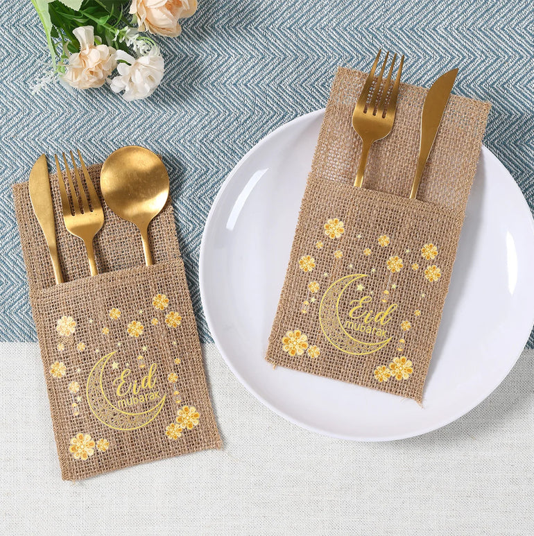 Ramadan Burlap Cutlery Pouch Eid Mubarak Decor for Home 2025 Table Decor Ramadan Kareem Islamic Muslim Party Eid Al-Fitr Gifts