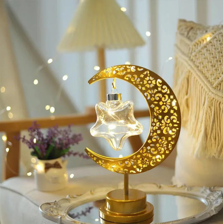 Eid Decoration LED Iron Ramadan Moon Lamp Star Metal Bedroom Table Lamps Night Light Ambient Lighting Muslim Eid