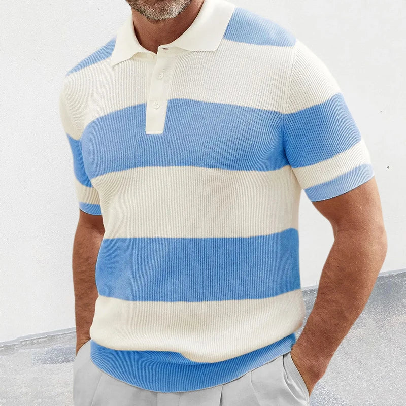 Trendy Knitted Polo T Shirts Mens 2025 Summer Fashion Striped Knit Jumper Tops Men Vintage Patchwork Striped Knitting Polo Shirt