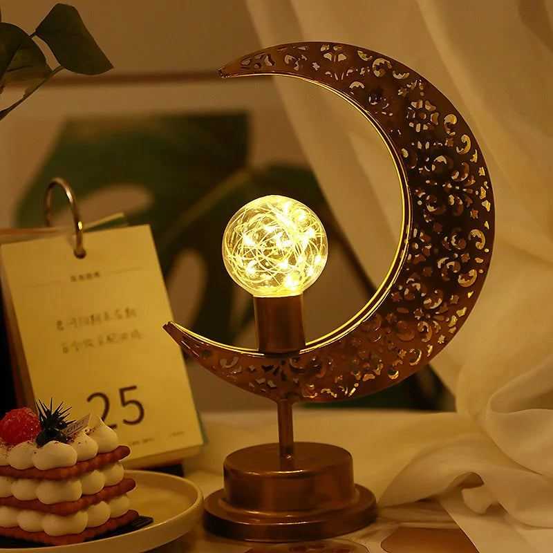 Elegant Ramadan Mubarak Lantern - Polished Metal & Plastic, Battery-Powered LED Light for Eid Celebrations, Bedroom Decor, and H