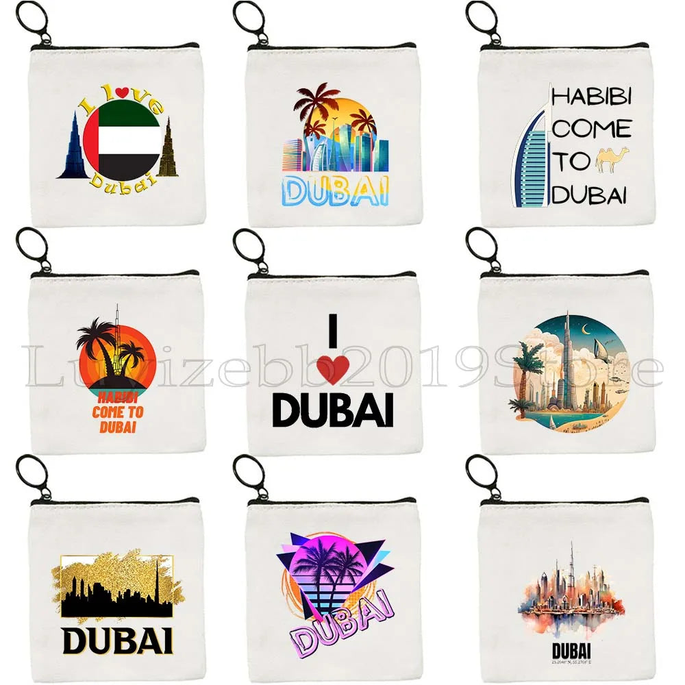 Dubai United Arab Emirates UAE Map Flag Asia Skyline Skyscraper Burj Khalifa Canvas Coin Purse Key Case Bag Wallet Zipper Pouch