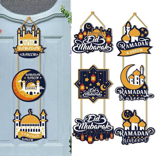 Ramadan Mubarak Door Hanging sign Ramadan Decoration 2025 EID Mubarak paper Black Gold Moon Lantern Banner Islamic Home Decor