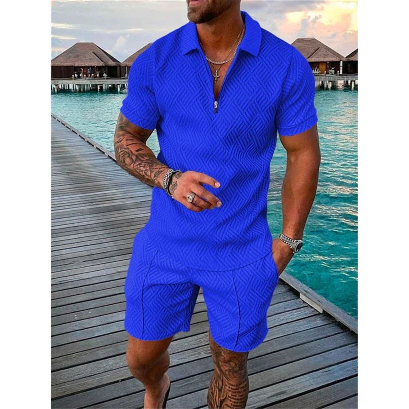 Men's Shorts Set Short Sleeve Zip Polo Shirt Street T-shirt Two Piece Casual Sportswear - Jointcorp