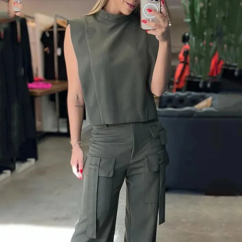 Women Two Piece Set Fashion Solid Sleeveless Crew Hollow Out Tank Top Loose With Pockets Cargo Pants Sets Streetwear