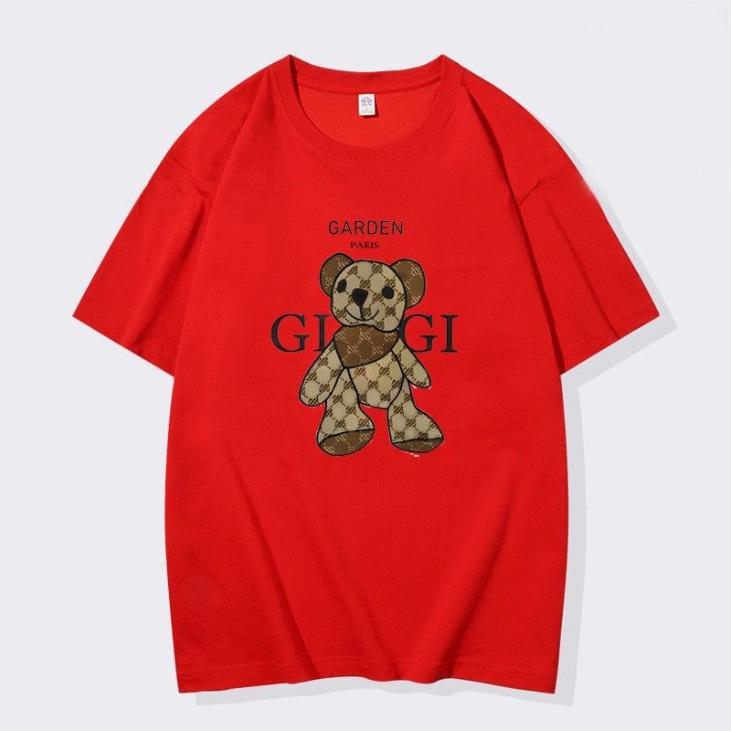 Summer Men's Little Bear Printed T-shirt 100% Cotton T-shirt Men's and Women's Casual Street Round Neck Large Top