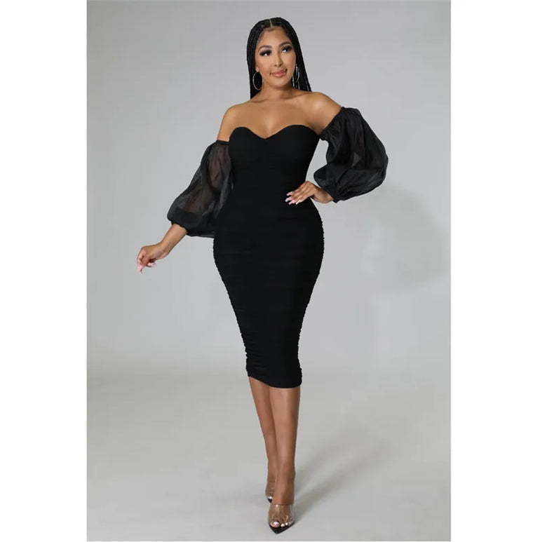 Sexy Off Shoulder Mesh Lantern Sleeve Bodycon Midi Dress for Women Elegant Party Club Night Ruched Formal Pencil Dress Vestidos