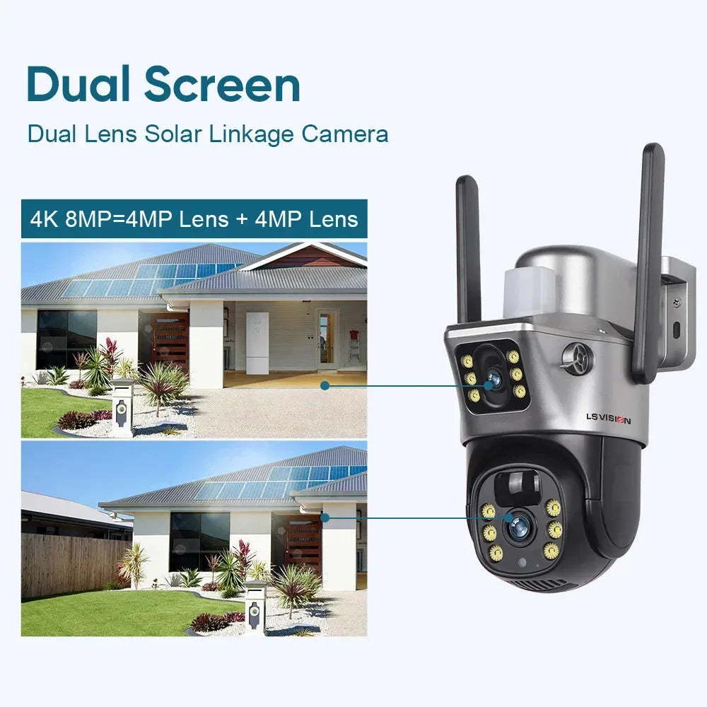 LS VISION 4K 8MP WiFi Solar Camera Dual Lens Dual Screen Battery CCTV Motion Detection Human Auto Tracking Surveillance Cameras