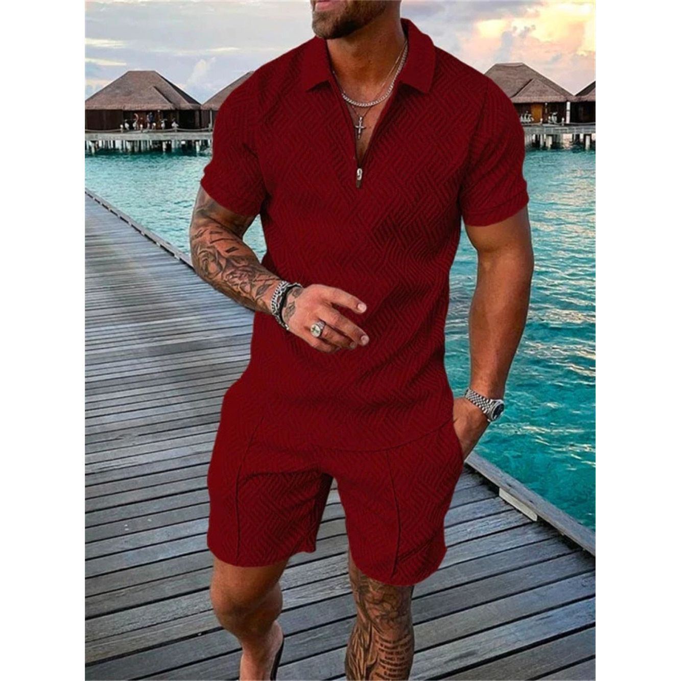 Men's Shorts Set Short Sleeve Zip Polo Shirt Street T-shirt Two Piece Casual Sportswear - Jointcorp