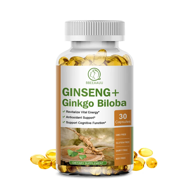 BBEEAAUU Ginseng Ginkgo Biloba Capsules Brain Health Supplements Cognitive Function Memory and Concentration Blood Circulation