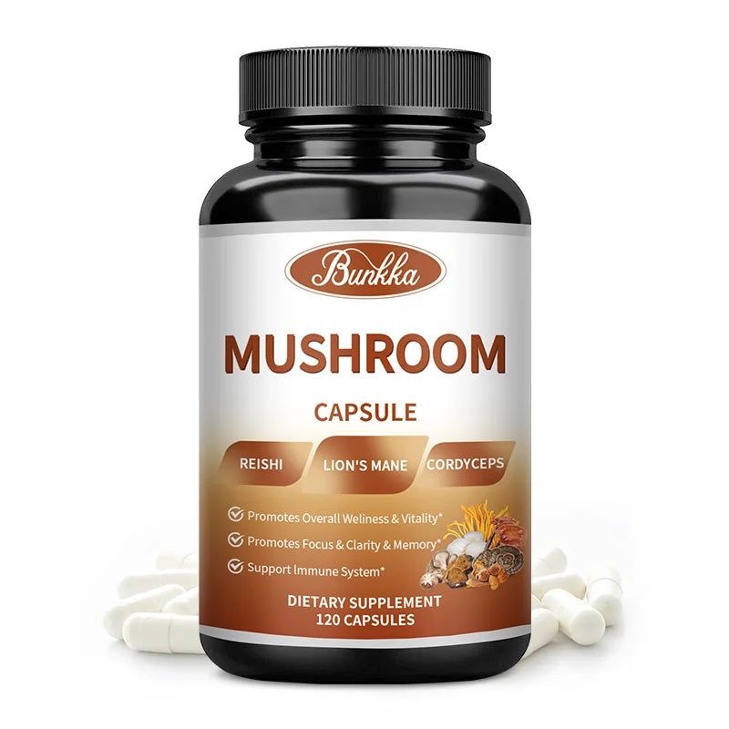 Original Mushroom Complex Capsules with Lions Mane Chaga Cognitive Brain Function Stress Relieves Beauty Health Diet Supplement