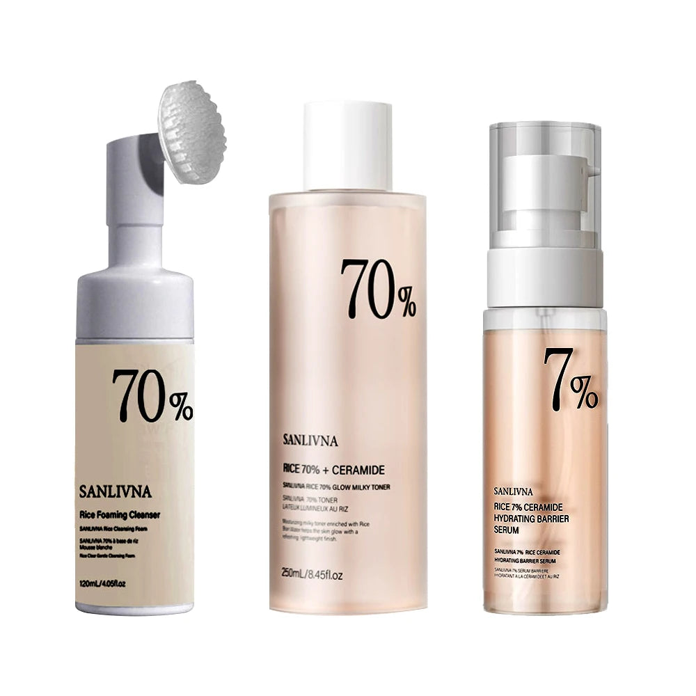 Rice Toner 70% Rice Extract Serum with Niacinamide, Rice Cleansing Foam, Deep Cleansing, Moisturizer for Dry Skin, Skin Care Set