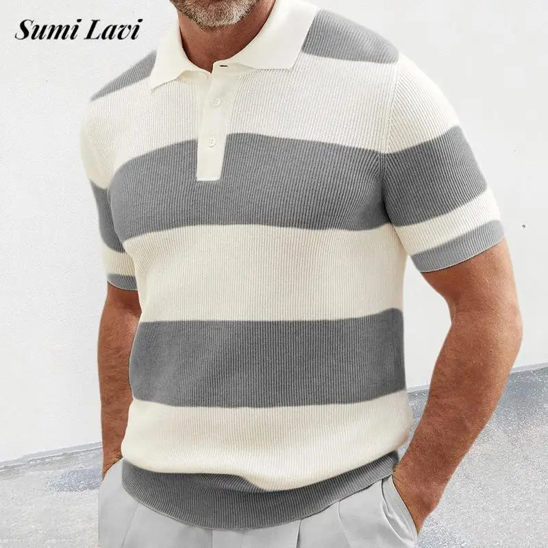 Trendy Knitted Polo T Shirts Mens 2025 Summer Fashion Striped Knit Jumper Tops Men Vintage Patchwork Striped Knitting Polo Shirt