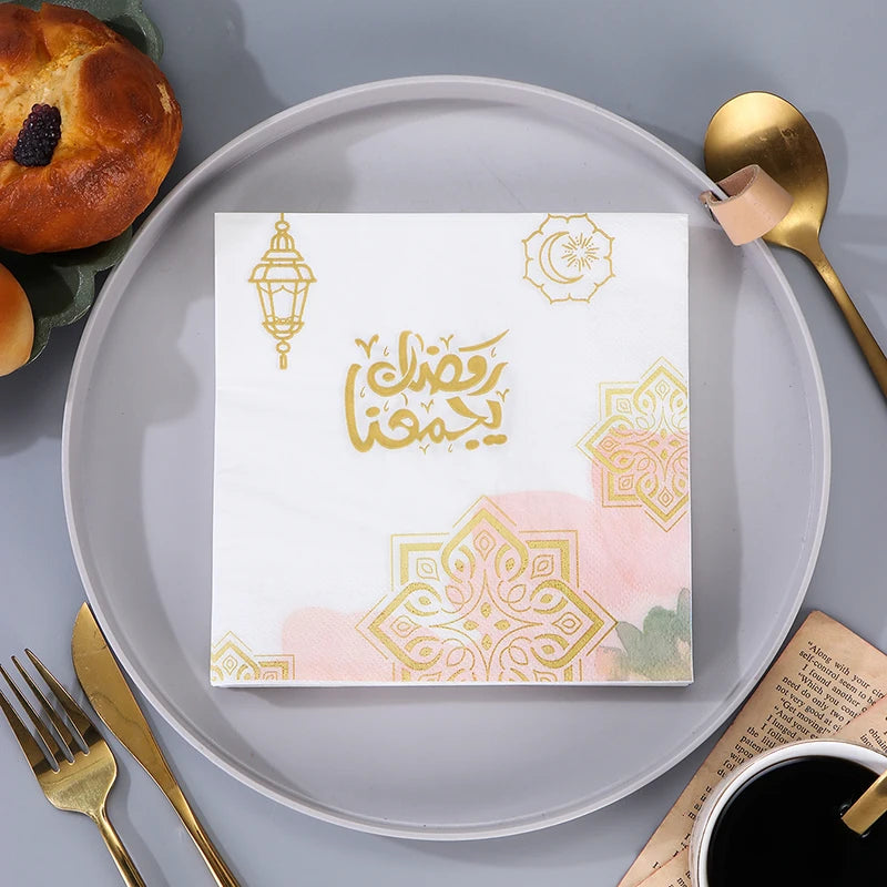 20pcs Ramadan Decorations 2024 Paper Napkin EID Mubarak Islamic Muslim Napkin Ramadan Kareem Mubarak Party Supplies EID Al Adha