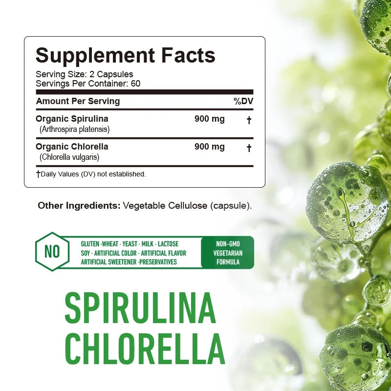 Spirulina Chlorella Capsules - Used for Immunity, Antioxidants, and Energy Support, Antioxidant