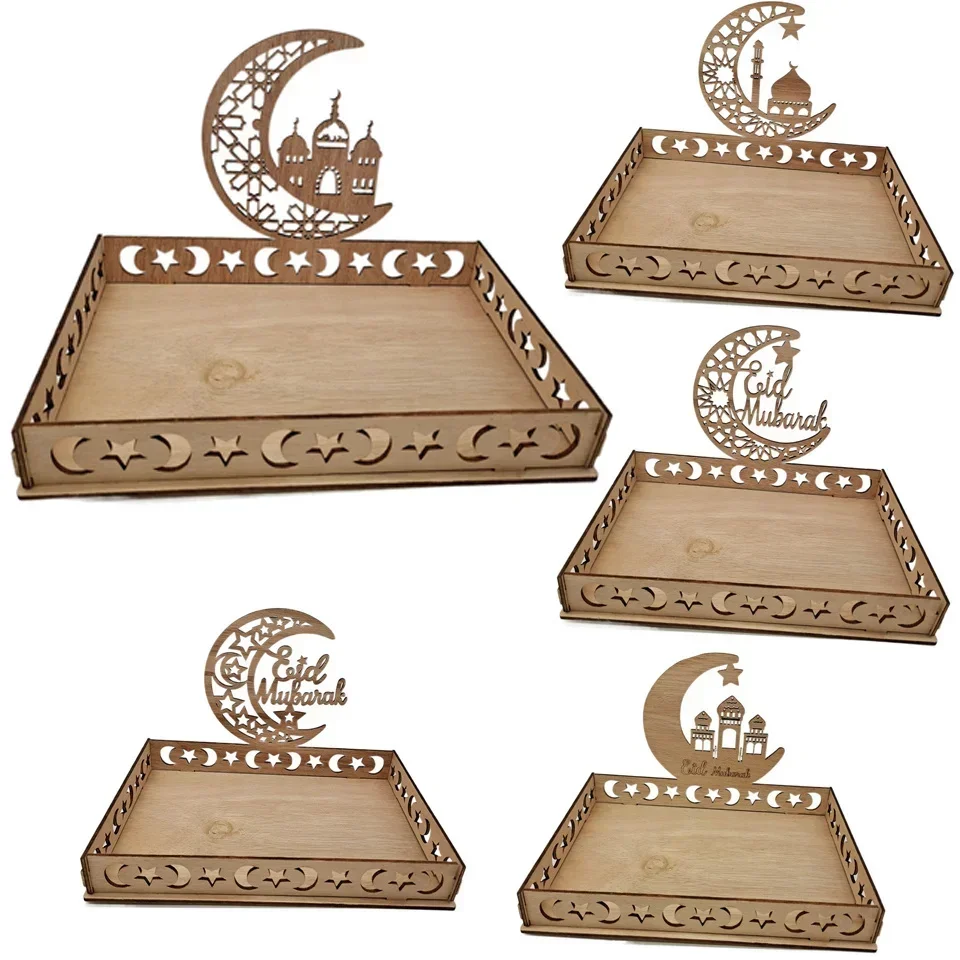 Wooden Eid Mubarak Moon Star Tray for Ramadan Kareem Food Holder Table Decoration Al Adha Islamic Muslim Party Supplies