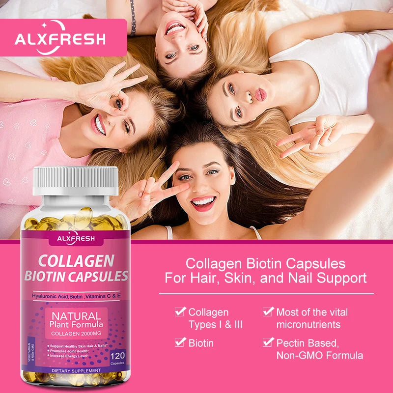 Alxfresh Collagen 2000mg with Biotin 2500mcg Protein 3g Hyaluronic Acid Vitamin C Healthy Formula Dietary Supplement Gluten Free