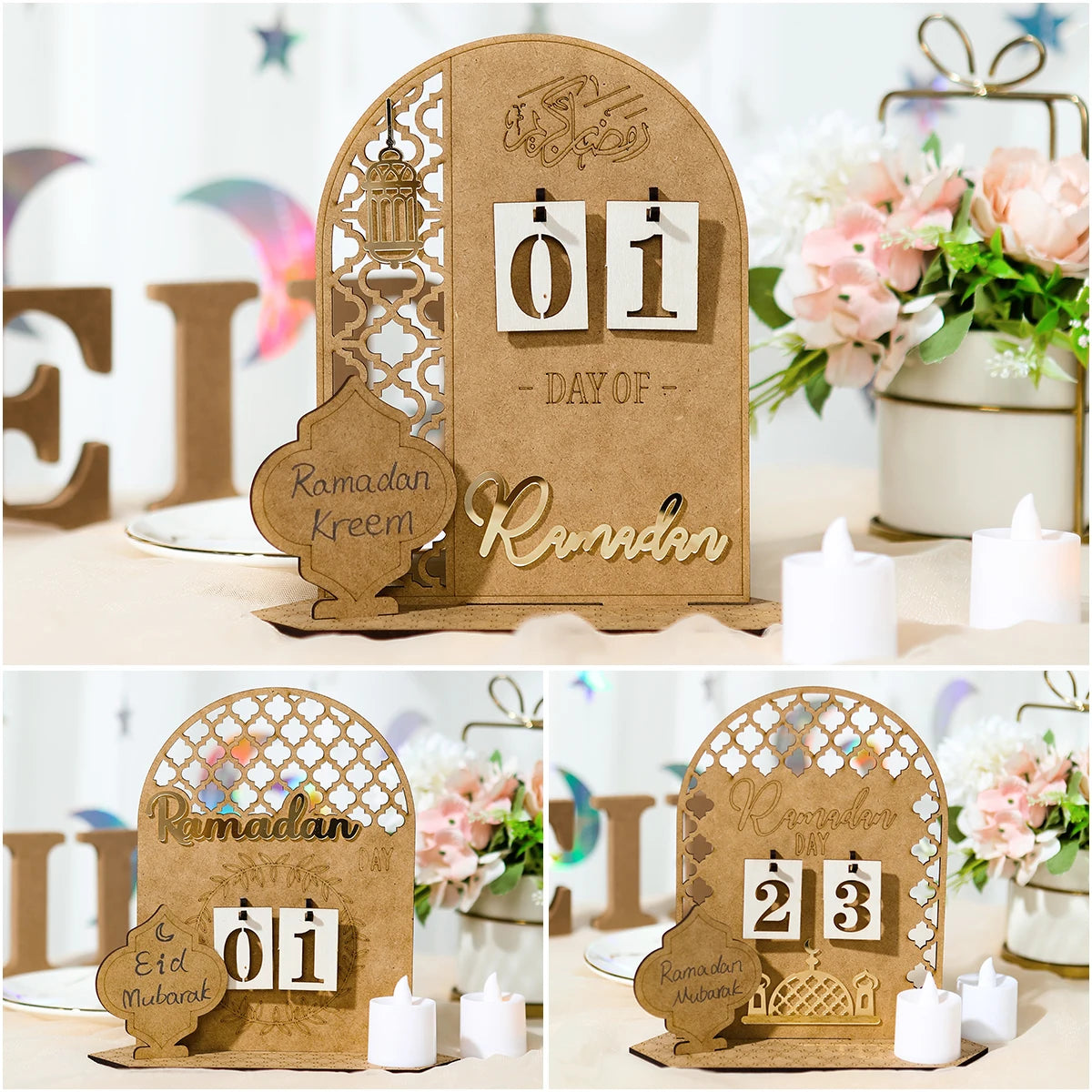 Ramadan Wooden Countdown Calendar Ornament 2025 Eid Mubarak Ramadan Decoration for Home Eid Al Adha Islamic Muslim Party Decor