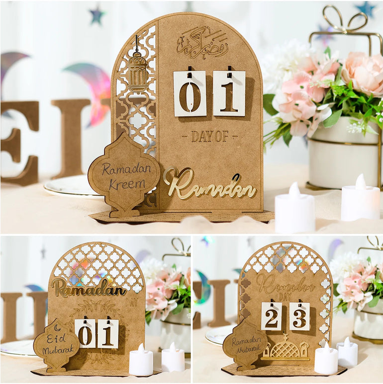 Ramadan Wooden Countdown Calendar Ornament 2025 Eid Mubarak Ramadan Decoration for Home Eid Al Adha Islamic Muslim Party Decor