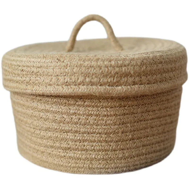 Vintage Home Decor Jute Woven Sundries Storage Basket Round Bathroom Kitchen Gadget Shower Cosmetics Organizer Case With Lid