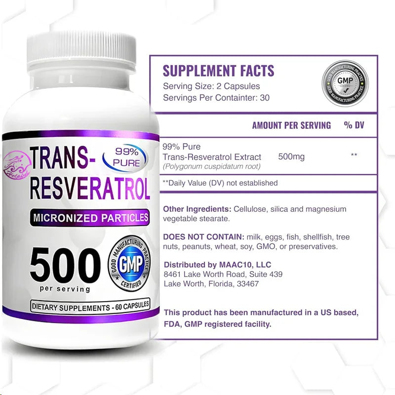 Trans Resveratrol 500mg Supplement 99% Pure Trans Resveratrol Extract+Pepper High Absorption 60 Capsules Vegetarian Capsules