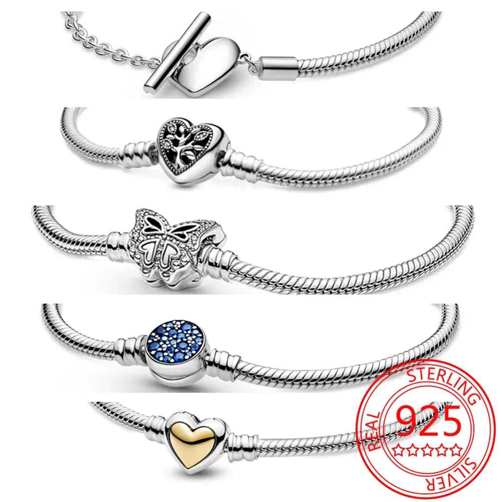 Disney 925 Sterling Silver Bracelet Moments Sparkling Mickey Mouse Heart Clasp Snake Chain Bracelet for Women DIY Charms Beads