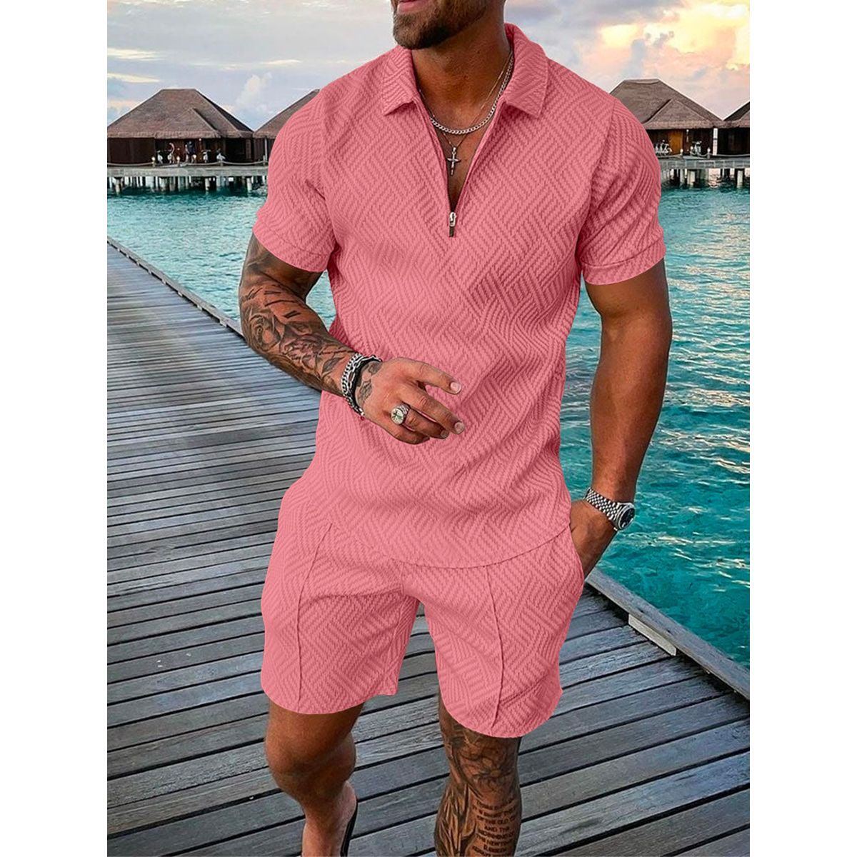 Men's Shorts Set Short Sleeve Zip Polo Shirt Street T-shirt Two Piece Casual Sportswear