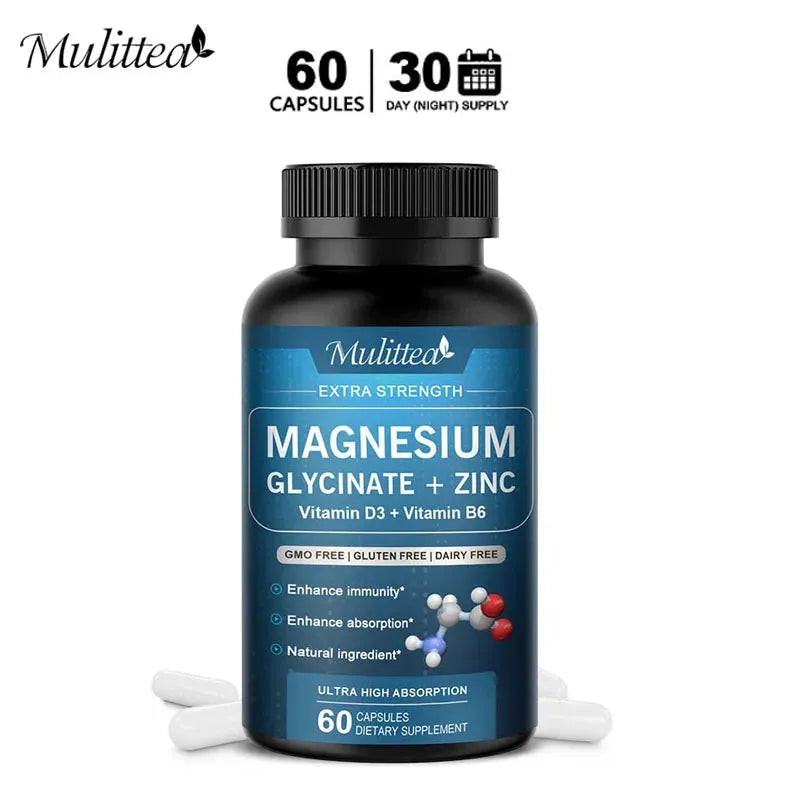 Mulittea 500mg Glycine Magnesium with Zinc,Vitamin D3 B6 Health for Bones and Teeth Health Helps Natural Sleep