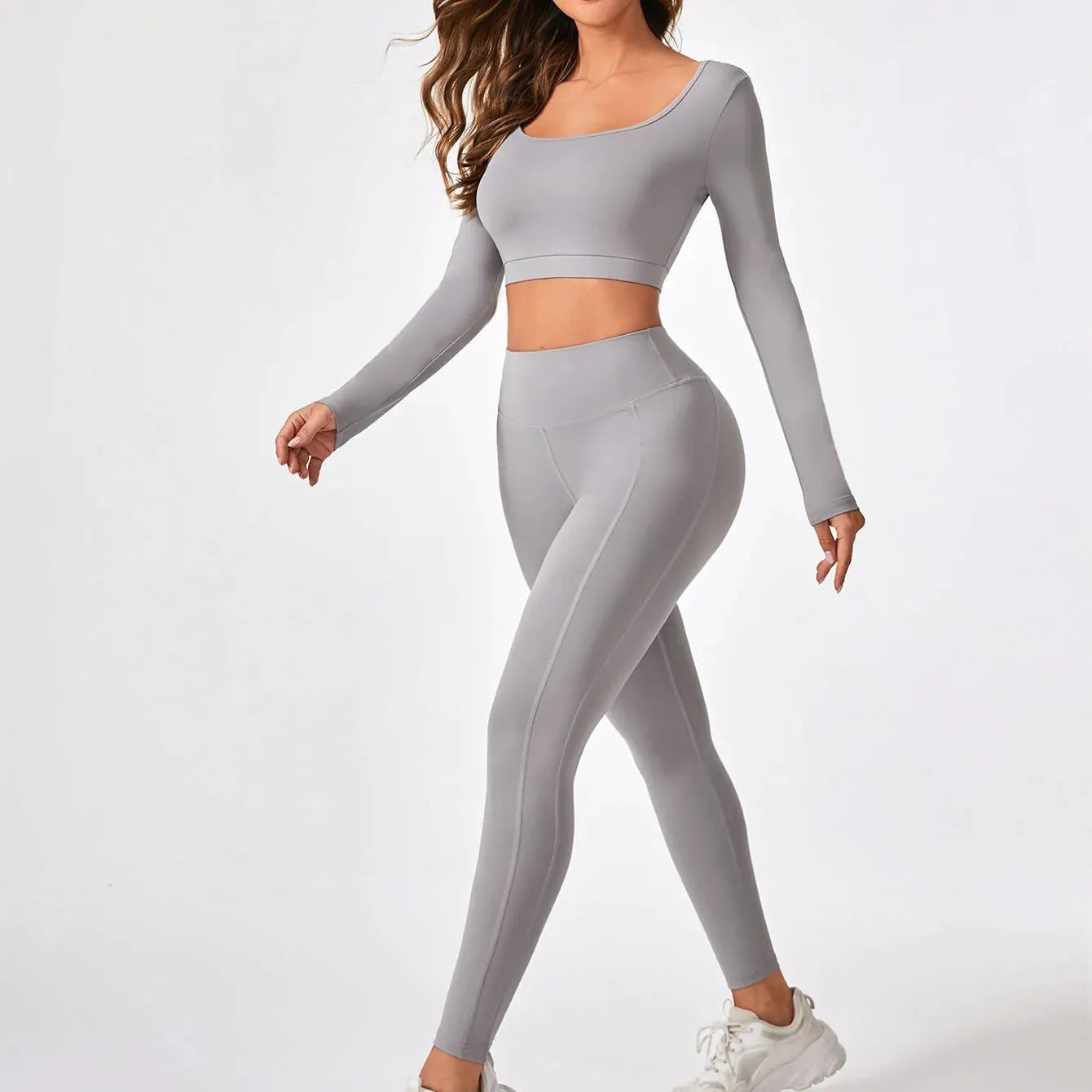 2 Pieces Long Sleeve Yoga Pilates Sports Suits Quick Dry Elastic Slim Fit Tracksuit Fitness Workout Breathable Activewear Set