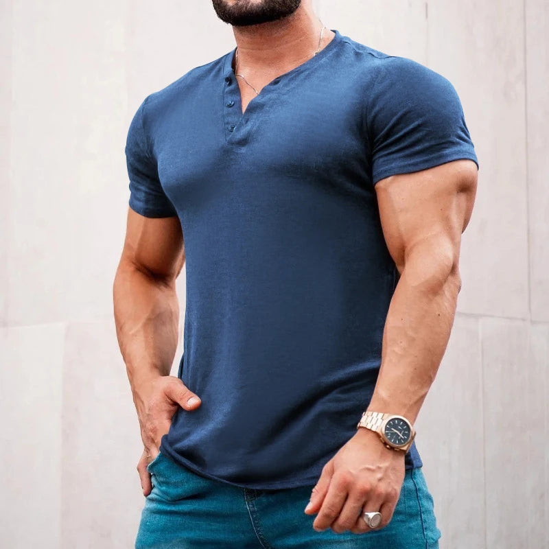 Leisure Solid Color Short-sleeved T Shirt Men Clothes Casual Buttoned V Neck Pullover Tops Spring Summer Mens Fashion T-shirts