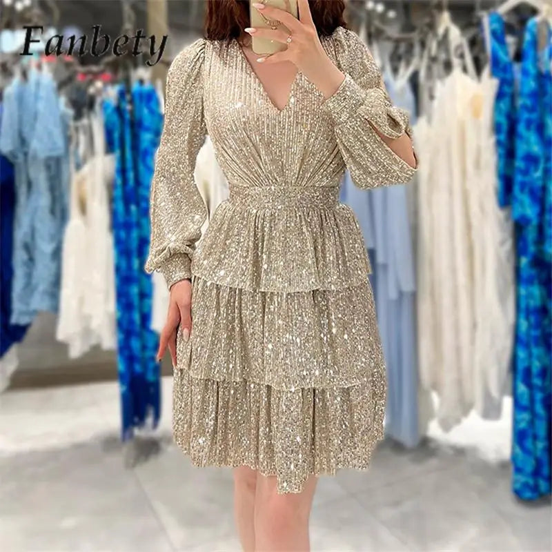 Women Elegant Long Sleeve Split Versatile Dating Dress Autumn Fashion Frilly Mini Dress Chic V-Neck Sequins Hollow Party Dresses