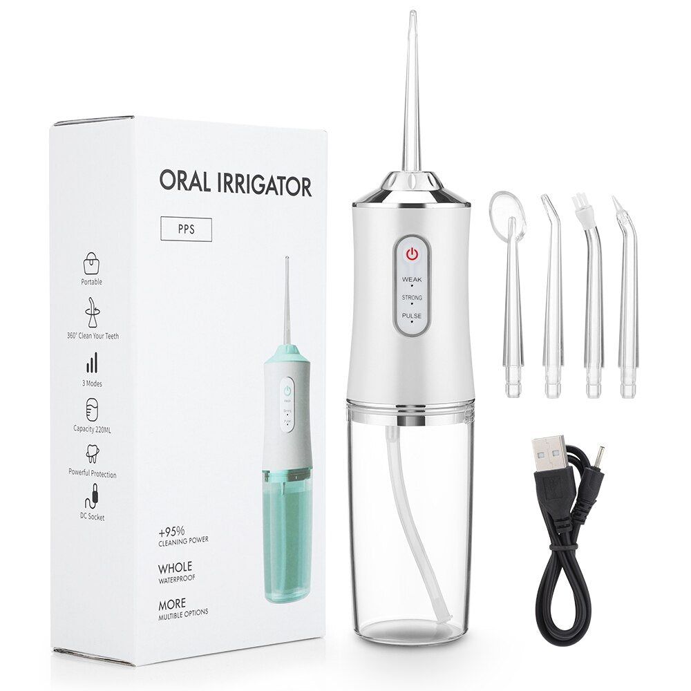 Oral Irrigator Portable Dental Water Flosser USB Rechargeable Jet Floss Tooth Pick 4 Jet Tip 220ml 3 Modes