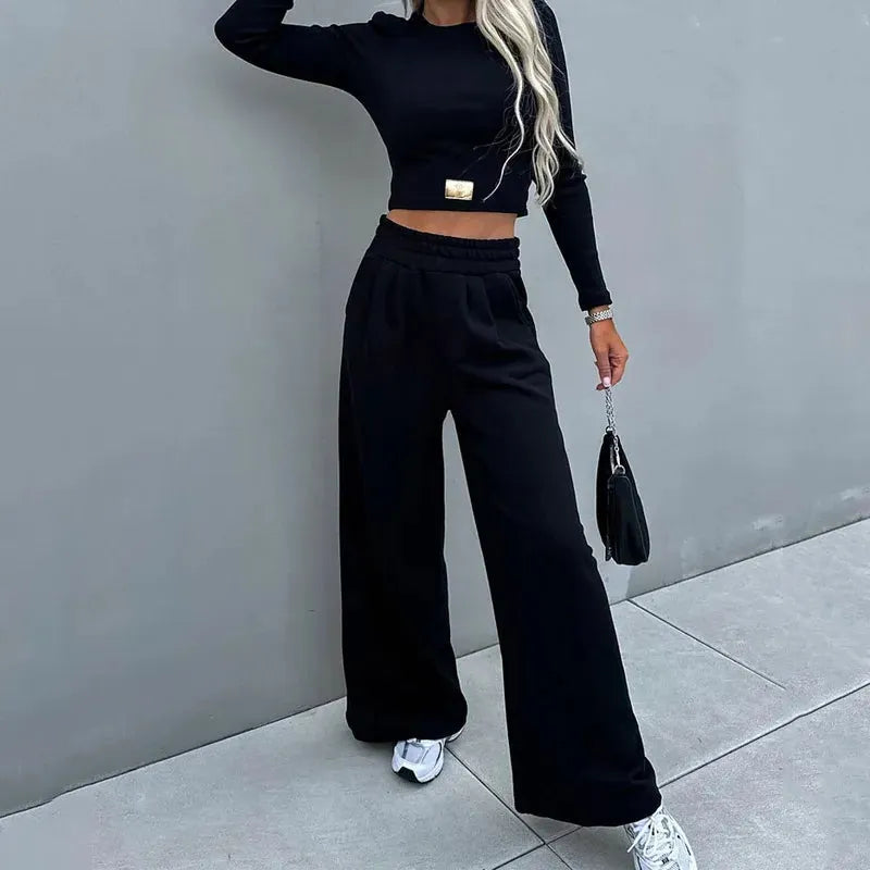 Women Two Piece Set Autumn Casual Sport Solid Round Neck Long Sleeve High Waist Slim Top Loose Wide Legs Pants Sets