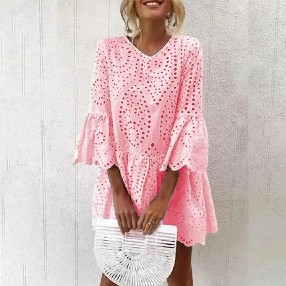 Shirt Dress Elegant Retro V-neck 3/4 Flared Sleeve Mini Dress Hollow Out Ruffle Hem Loose Fit Casual Short Dress Streetwear