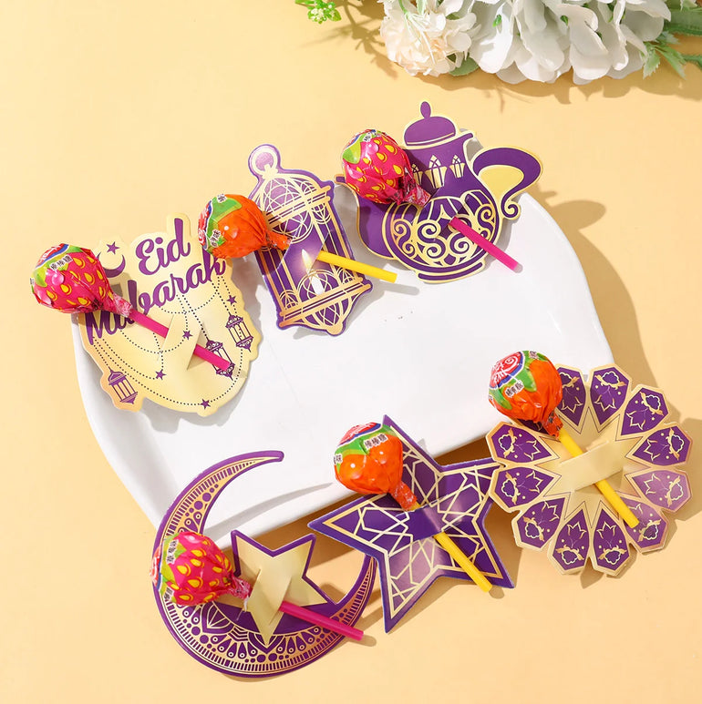 48pcs Eid Mubarak Lollipop Decor Cards Ramadan Kareem Decoration for Home 2025 Islamic Muslim Party Supplies Eid Al Adha Gift