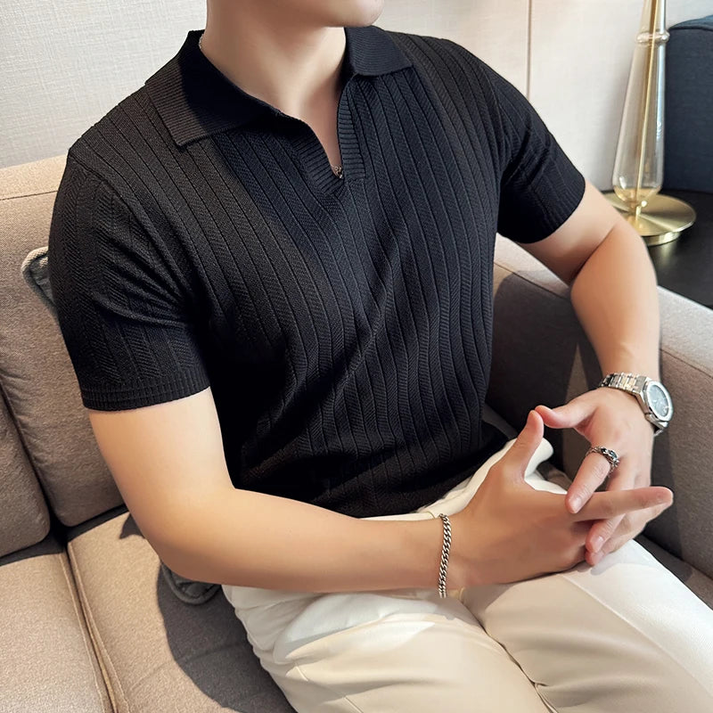 Men Striped Polo Shirt 2024 Summer Light Thin Breathable Solid Casual Elastic Slim Fit Short Sleeved V-neck T-shirt Men Clothing