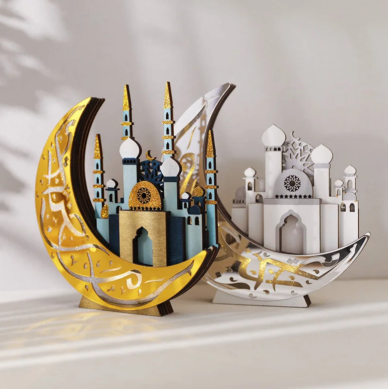 Ramadan Wooden Moon Mosque Night Light Table Ornament EID Mubarak Party Lights 2025 Islam Muslim Home Decoration Eid Al Adha