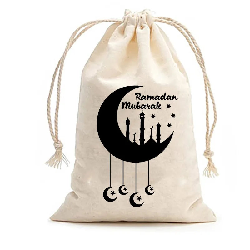 12PCS Eid Mubarak Candy Bag Star Moon Canvas Pocket Arabic Islam Muslim Party Gift Bag Ramadan Decoration For Home 4x6 inch