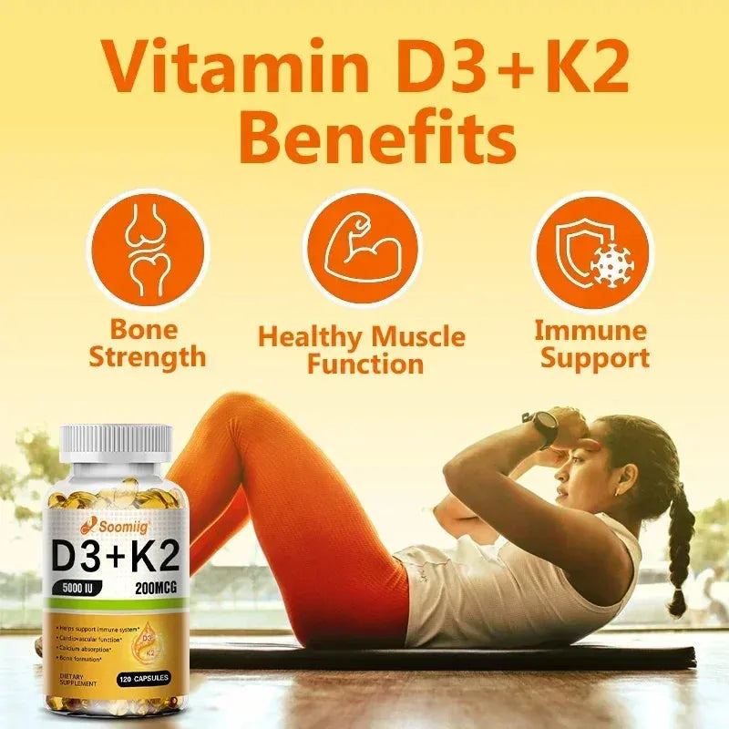 Vitamin D3+K2 Capsules - Vitamin D 5000IU Vitamin K2 (200MCG) - Immune Support Supplement, Bone and Joint Health