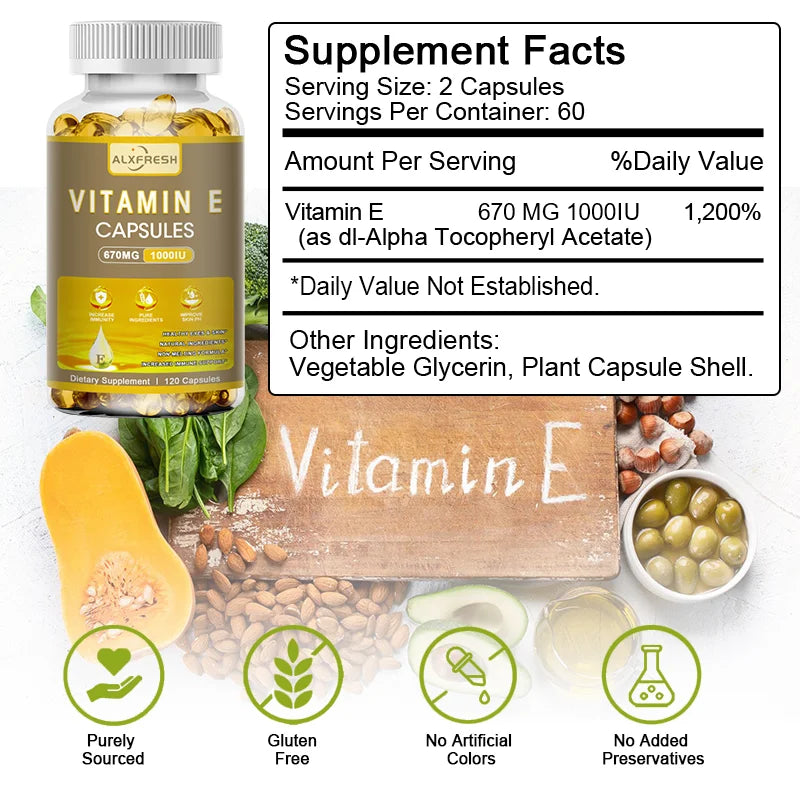 Alxfresh Vitamin E 670 mg (1000 IU) Dietery Supplement- Natural Antioxidant Support Cellular Respiration & Cardiovascular Health