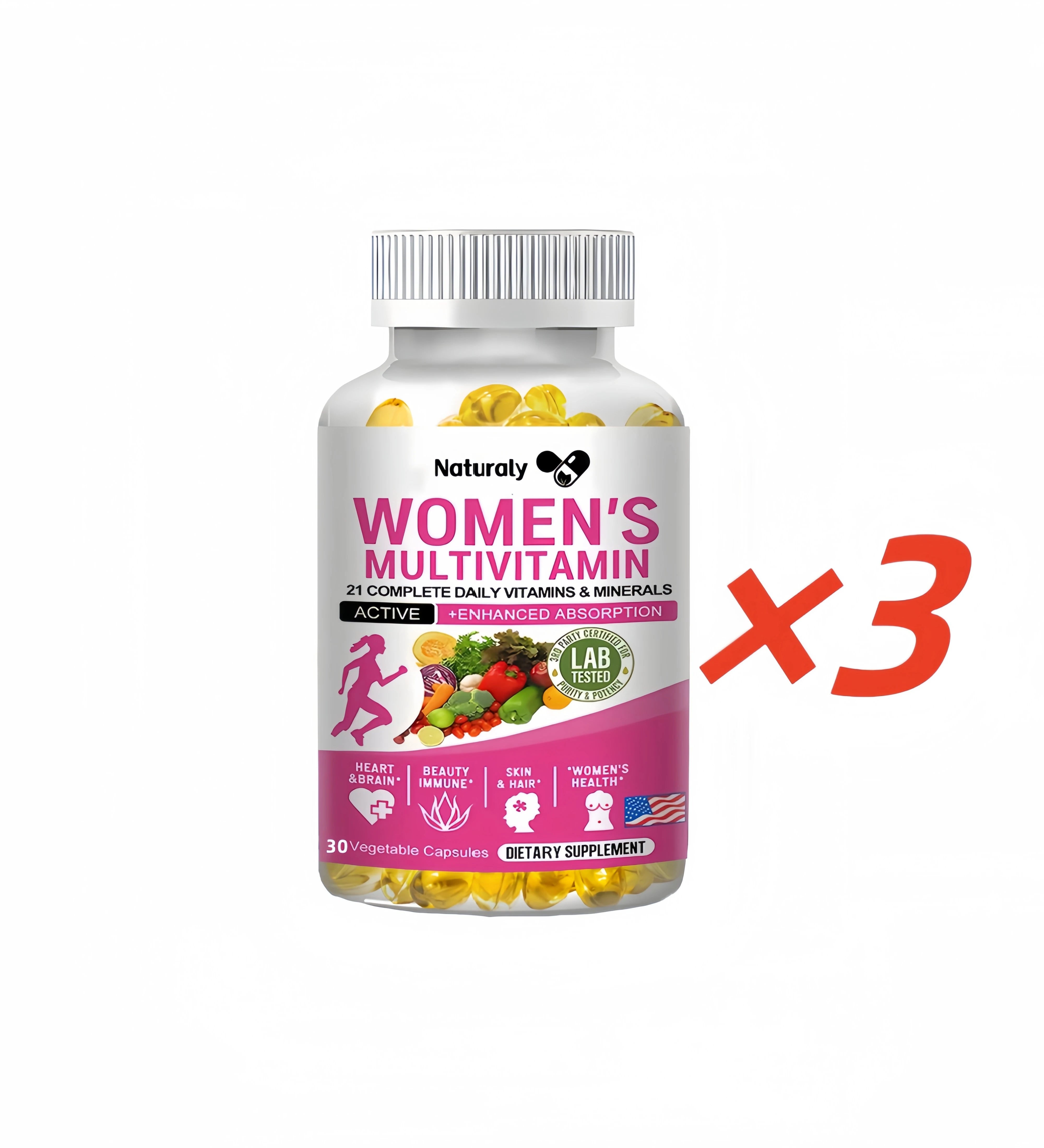 Multivitamin capsules contain a perfect blend of iron, biotin, calcium and zinc to support immune function and energy.