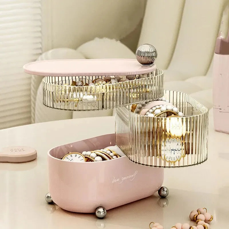 1pc Pink/White Rotating Jewelry Storage Box 3 Layers Plastic Stand Earrings Ring Box Cosmetics Beauty Organizer