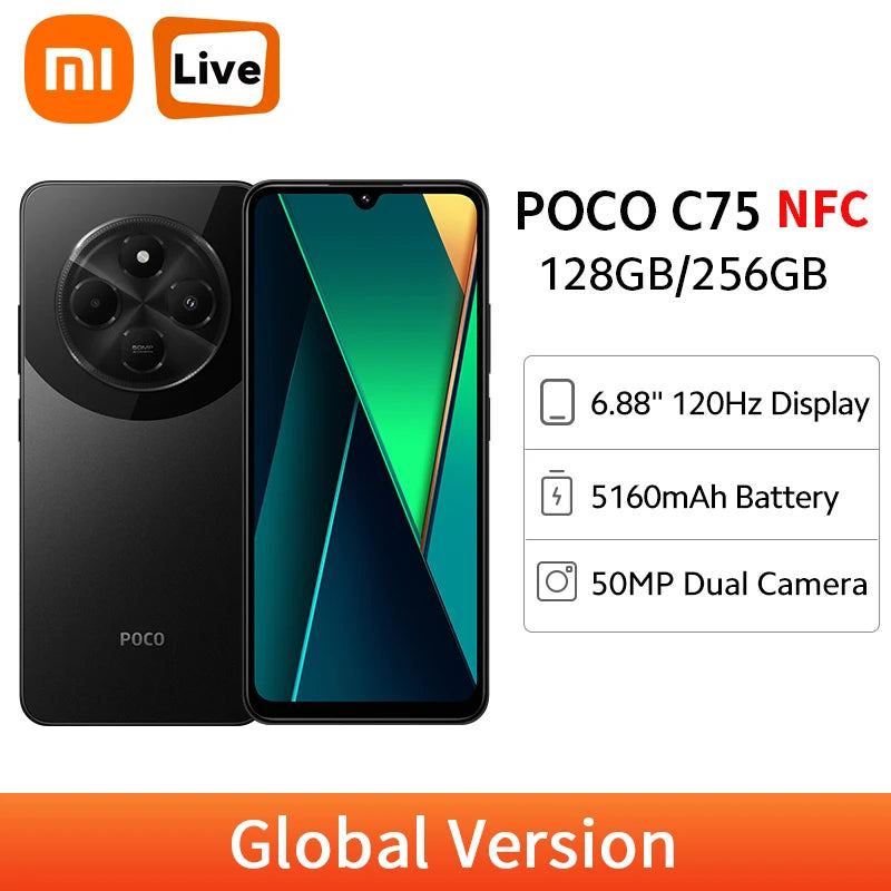 Global Version POCO C75 NFC Smartphone 50MP Dual Camera  6.88' 120Hz Dot Drop Display Massive 5160mAh Battery 18W Fast Charging