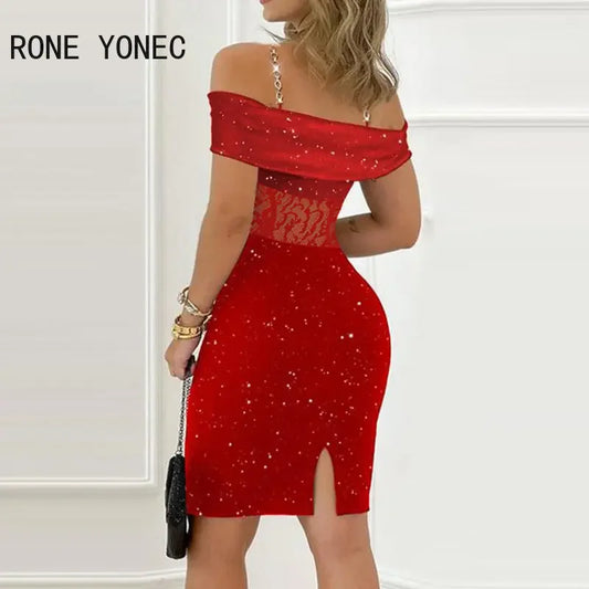 Women Glitter Lace Patch Chain Decor Straps Slash Collar Bodycon Mini Party Red Dress