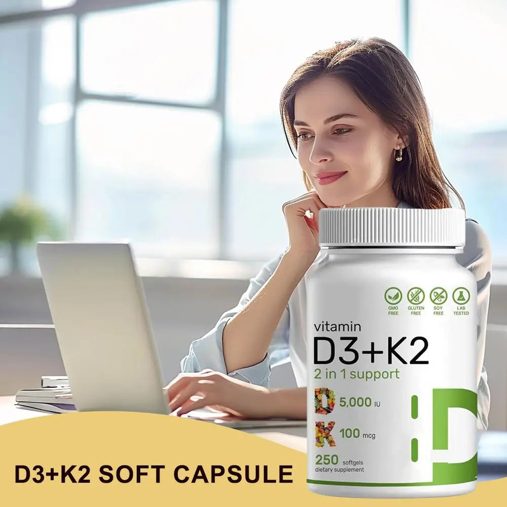 3 Bottles Vitamin D3+K2 Capsule - Help Regulate Calcium Metabolism Promote Bone Teeth And Skin Health Support Immunity